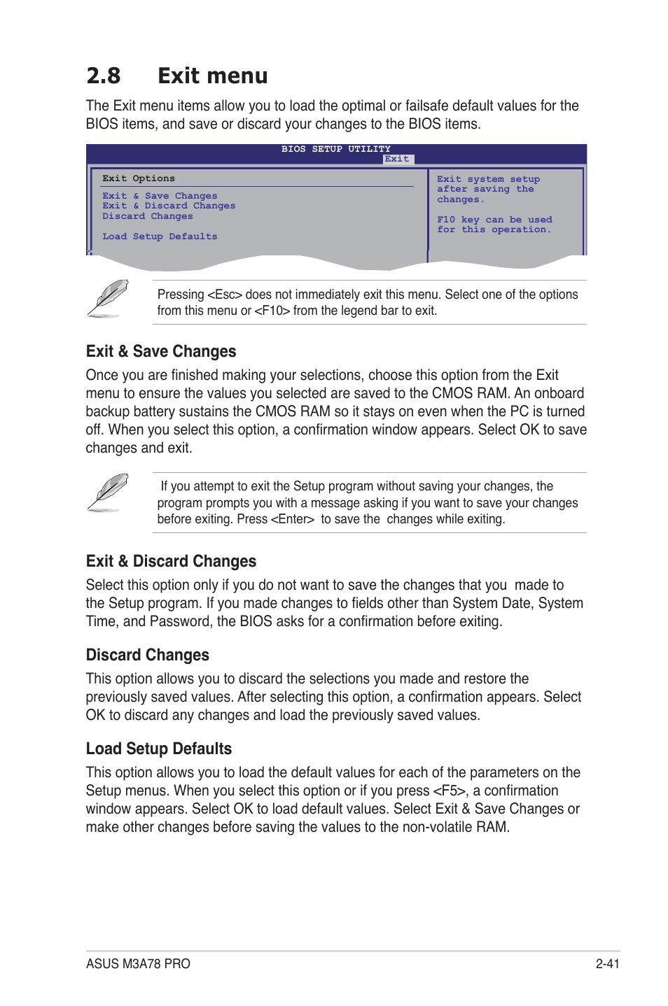 8 exit menu, Exit menu -41, Exit & discard changes | Discard changes, Load setup defaults, Exit & save changes | Asus M3A78 Pro User Manual | Page 93 / 116