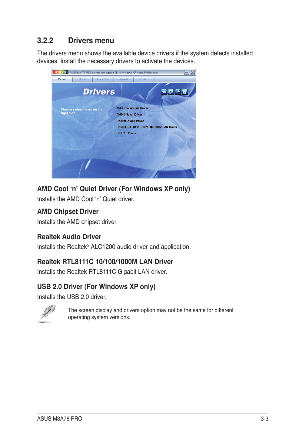 2 drivers menu, Drivers menu -3 | Asus M3A78 Pro User Manual | Page 97 / 116