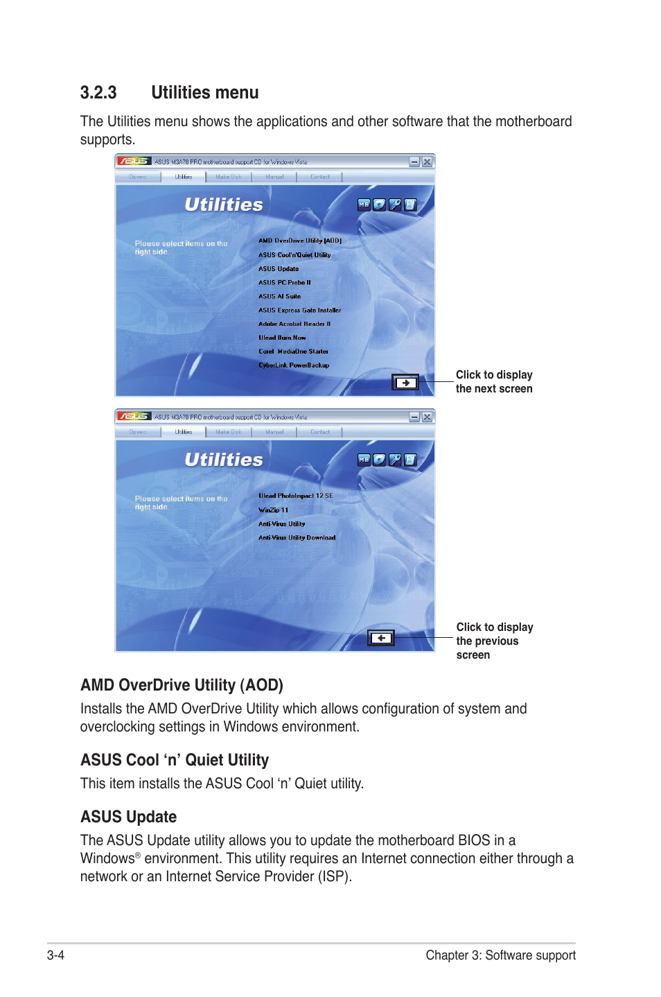 3 utilities menu, Utilities menu -4, Amd overdrive utility (aod) | Asus cool ‘n’ quiet utility, Asus update | Asus M3A78 Pro User Manual | Page 98 / 116
