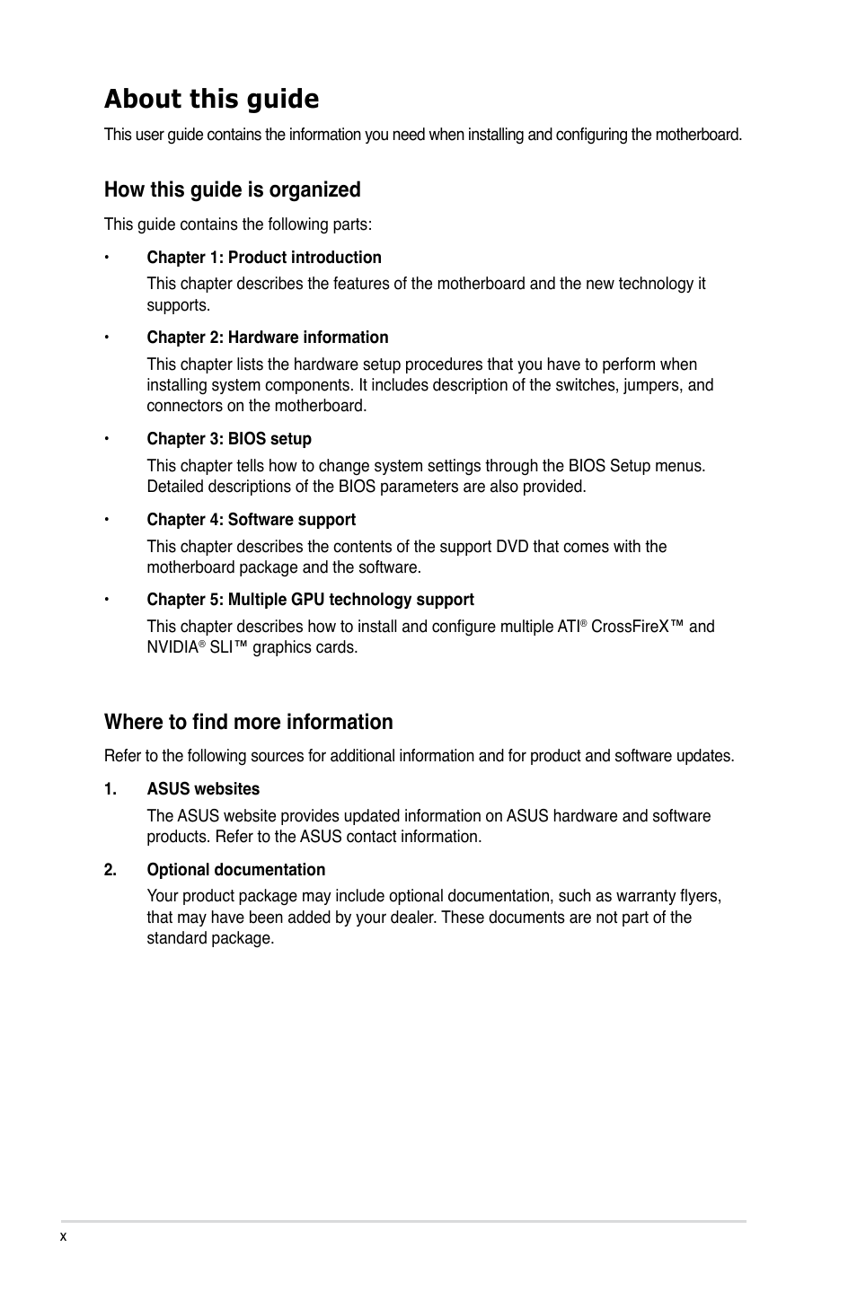 About this guide, How this guide is organized, Where to find more information | Asus P7P55D-E EVO User Manual | Page 10 / 126