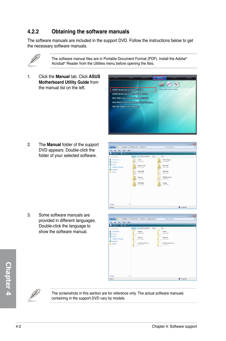 2 obtaining the software manuals, Obtaining the software manuals -2, Chapter 4 | Asus P7P55D-E EVO User Manual | Page 102 / 126