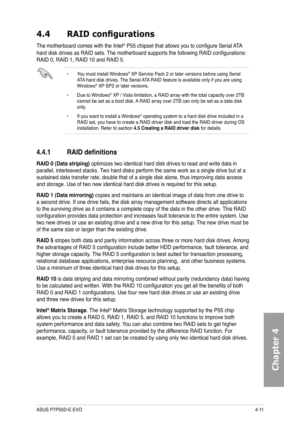 4 raid configurations, 1 raid definitions, Raid configurations -11 4.4.1 | Raid definitions -11, Chapter 4 4.4 raid configurations | Asus P7P55D-E EVO User Manual | Page 111 / 126