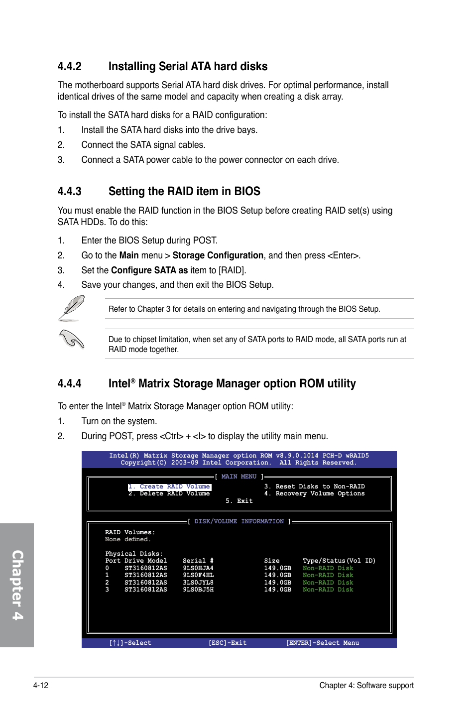 2 installing serial ata hard disks, 3 setting the raid item in bios, 4 intel® matrix storage manager option rom utility | Installing serial ata hard disks -12, Setting the raid item in bios -12, Intel, Matrix storage manager option rom utility -12, Chapter 4, 4 intel, Matrix storage manager option rom utility | Asus P7P55D-E EVO User Manual | Page 112 / 126