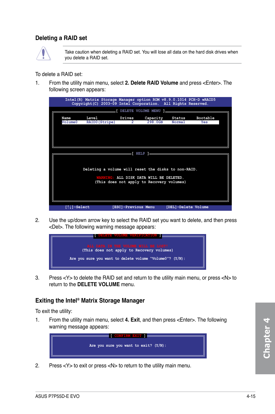 Chapter 4, Deleting a raid set, Exiting the intel | Matrix storage manager | Asus P7P55D-E EVO User Manual | Page 115 / 126