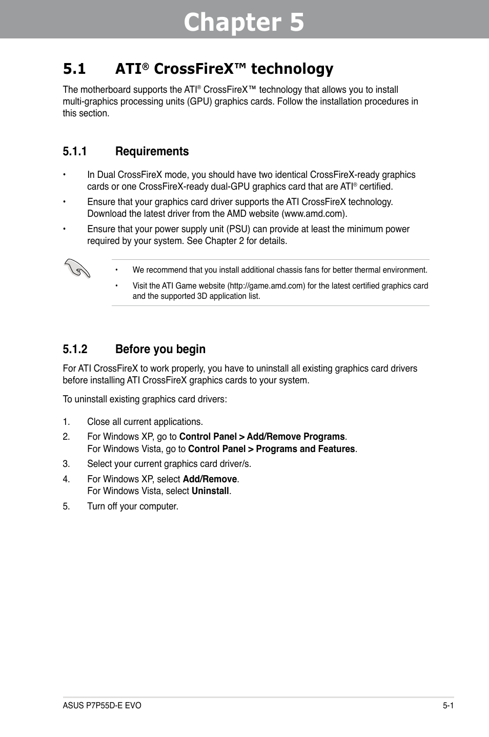 Chapter 5: multiple gpu technology support, 1 ati® crossfirex™ technology, 1 requirements | 2 before you begin, Chapter 5, Multiple gpu technology support, Crossfirex™ technology -1, Requirements -1, Before you begin -1, 1 ati | Asus P7P55D-E EVO User Manual | Page 119 / 126