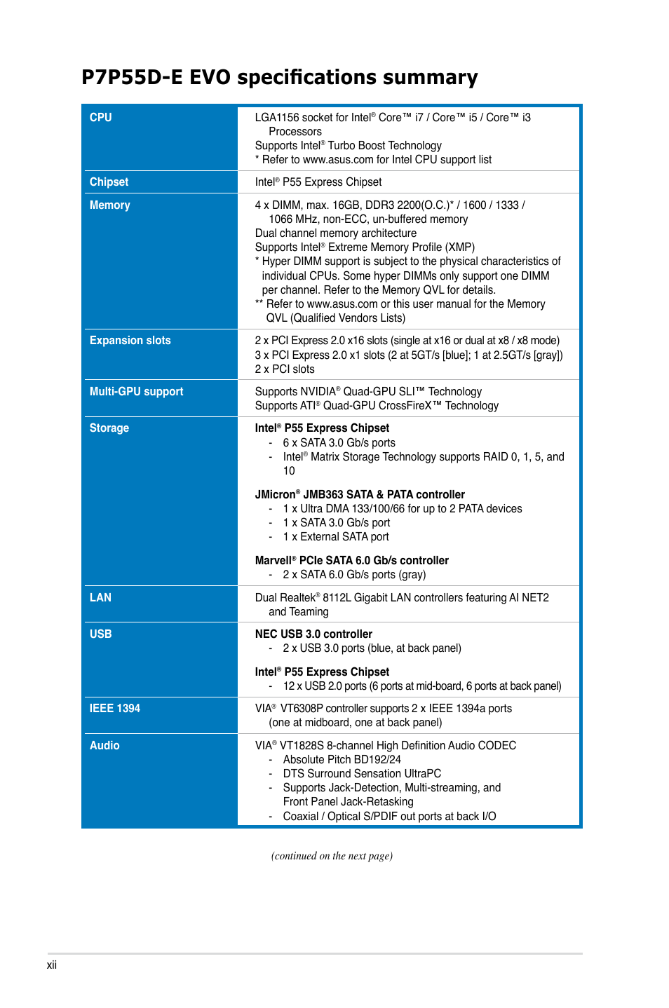P7p55d-e evo specifications summary | Asus P7P55D-E EVO User Manual | Page 12 / 126