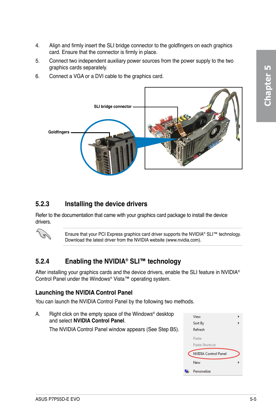 3 installing the device drivers, 4 enabling the nvidia® sli™ technology, Installing the device drivers -5 | Enabling the nvidia, Sli™ technology -5, Chapter 5, 4 enabling the nvidia, Sli™ technology | Asus P7P55D-E EVO User Manual | Page 123 / 126