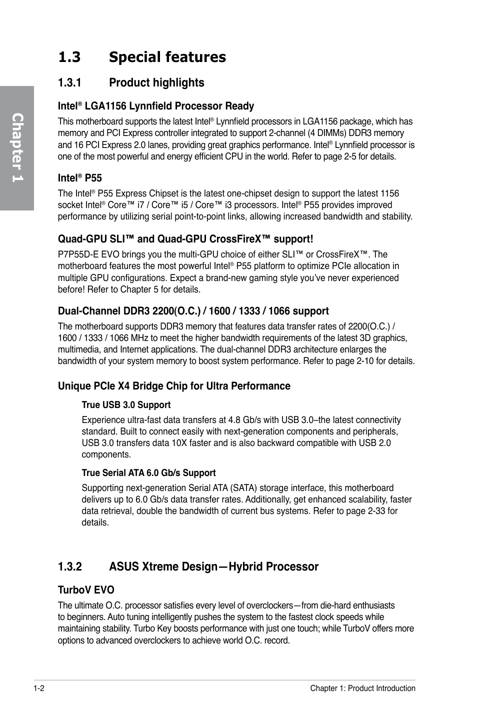 3 special features, 1 product highlights, 2 asus xtreme design—hybrid processor | Special features -2 1.3.1, Product highlights -2, Asus xtreme design—hybrid processor -2, Chapter 1 1.3 special features | Asus P7P55D-E EVO User Manual | Page 16 / 126