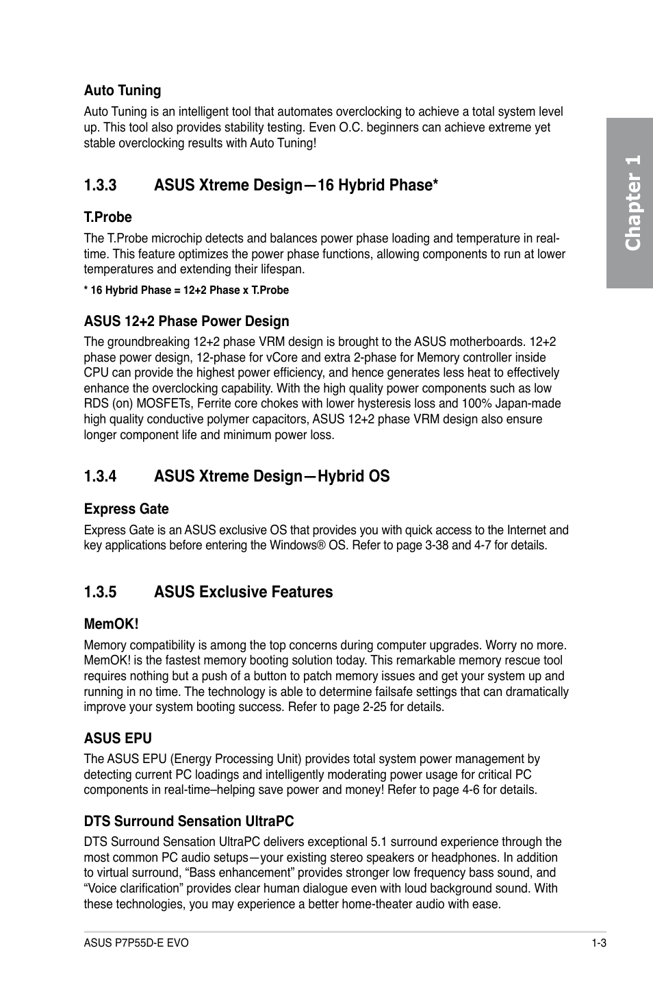 3 asus xtreme design—16 hybrid phase, 4 asus xtreme design—hybrid os, 5 asus exclusive features | Asus xtreme design—16 hybrid phase* -3, Asus xtreme design—hybrid os -3, Asus exclusive features -3, Chapter 1 | Asus P7P55D-E EVO User Manual | Page 17 / 126
