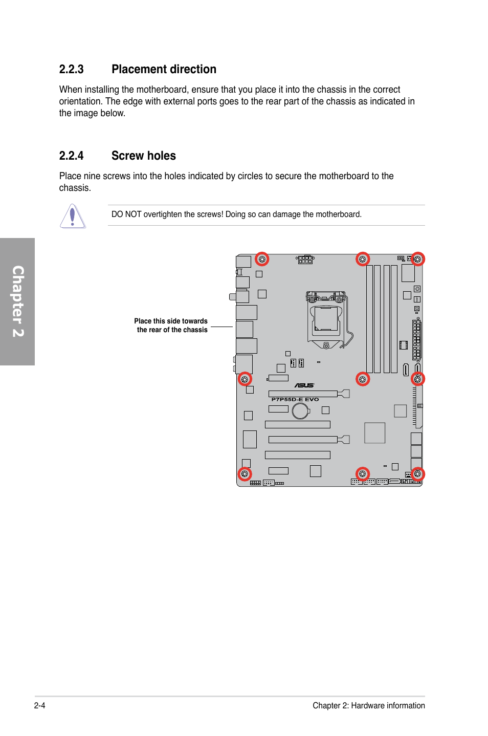 3 placement direction, 4 screw holes, Placement direction -4 | Screw holes -4, Chapter 2 | Asus P7P55D-E EVO User Manual | Page 22 / 126