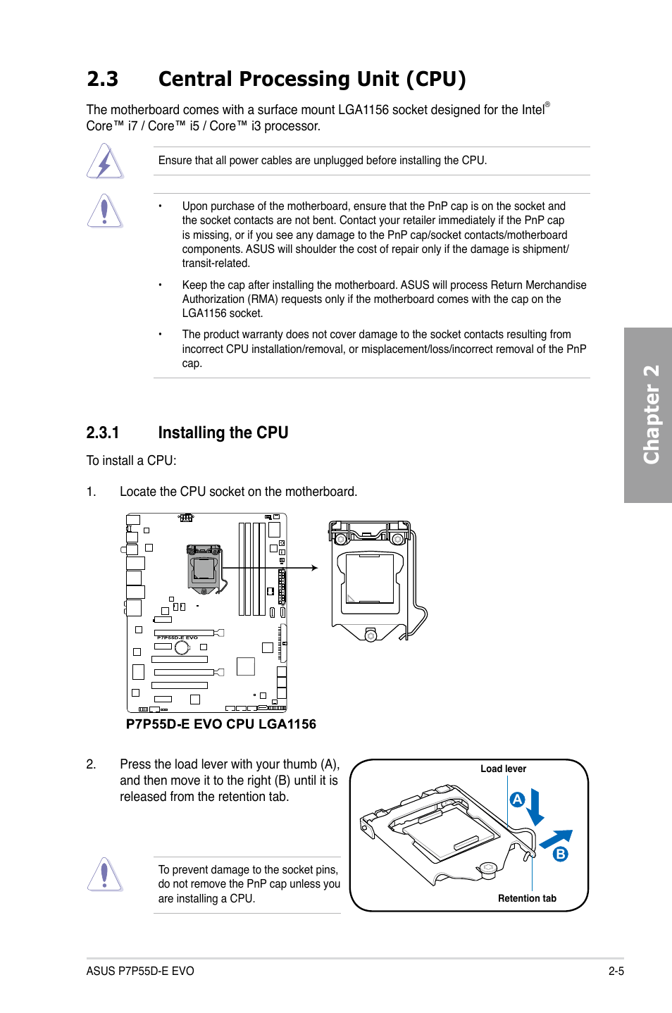 3 central processing unit (cpu), 1 installing the cpu, Central processing unit (cpu) -5 2.3.1 | Installing the cpu -5, Chapter 2 2.3 central processing unit (cpu) | Asus P7P55D-E EVO User Manual | Page 23 / 126