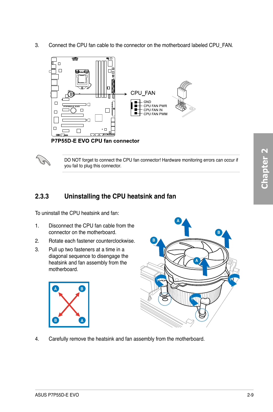 3 uninstalling the cpu heatsink and fan, Uninstalling the cpu heatsink and fan -9, Chapter 2 | Asus P7P55D-E EVO User Manual | Page 27 / 126