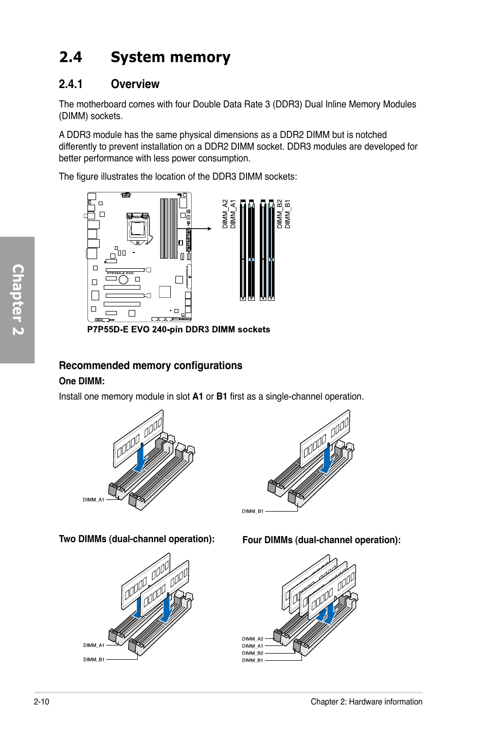 4 system memory, 1 overview, System memory -10 2.4.1 | Overview -10 | Asus P7P55D-E EVO User Manual | Page 28 / 126