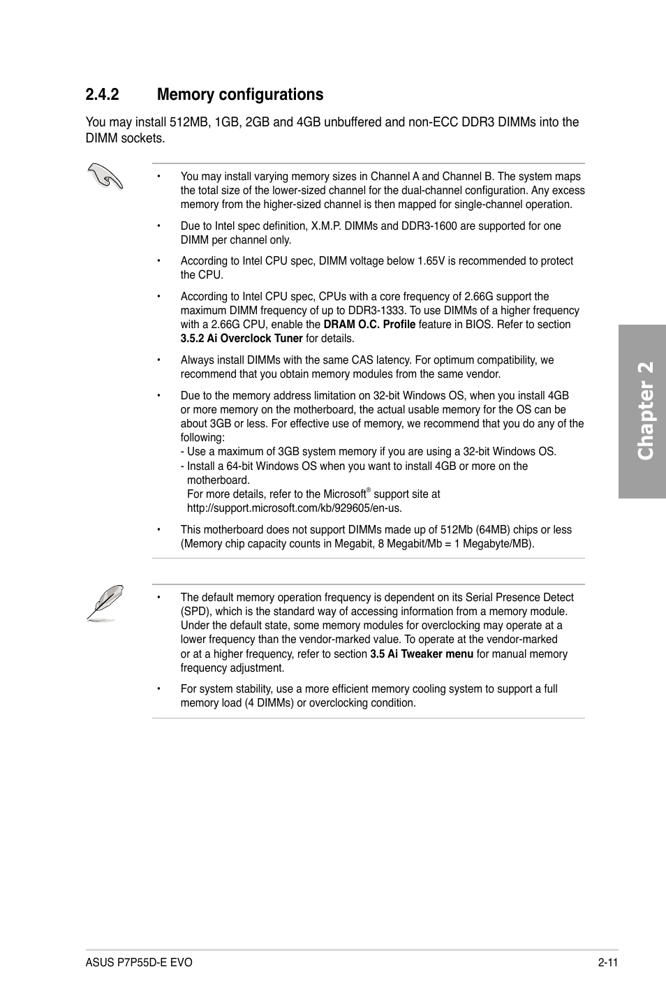 2 memory configurations, Memory configurations -11, Chapter 2 | Asus P7P55D-E EVO User Manual | Page 29 / 126