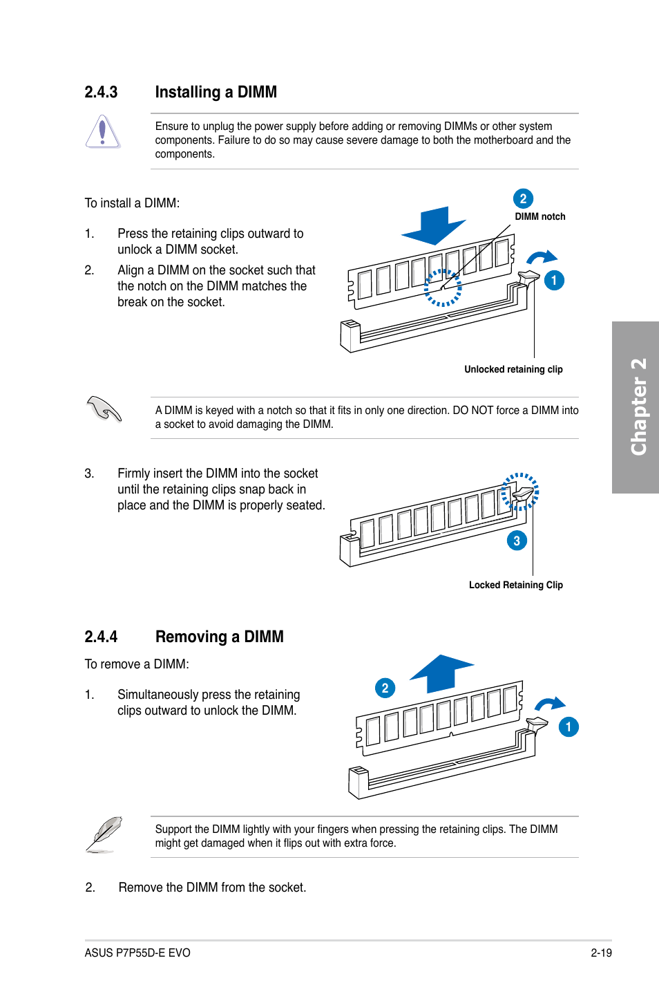 3 installing a dimm, 4 removing a dimm, Installing a dimm -19 | Removing a dimm -19, Chapter 2 | Asus P7P55D-E EVO User Manual | Page 37 / 126