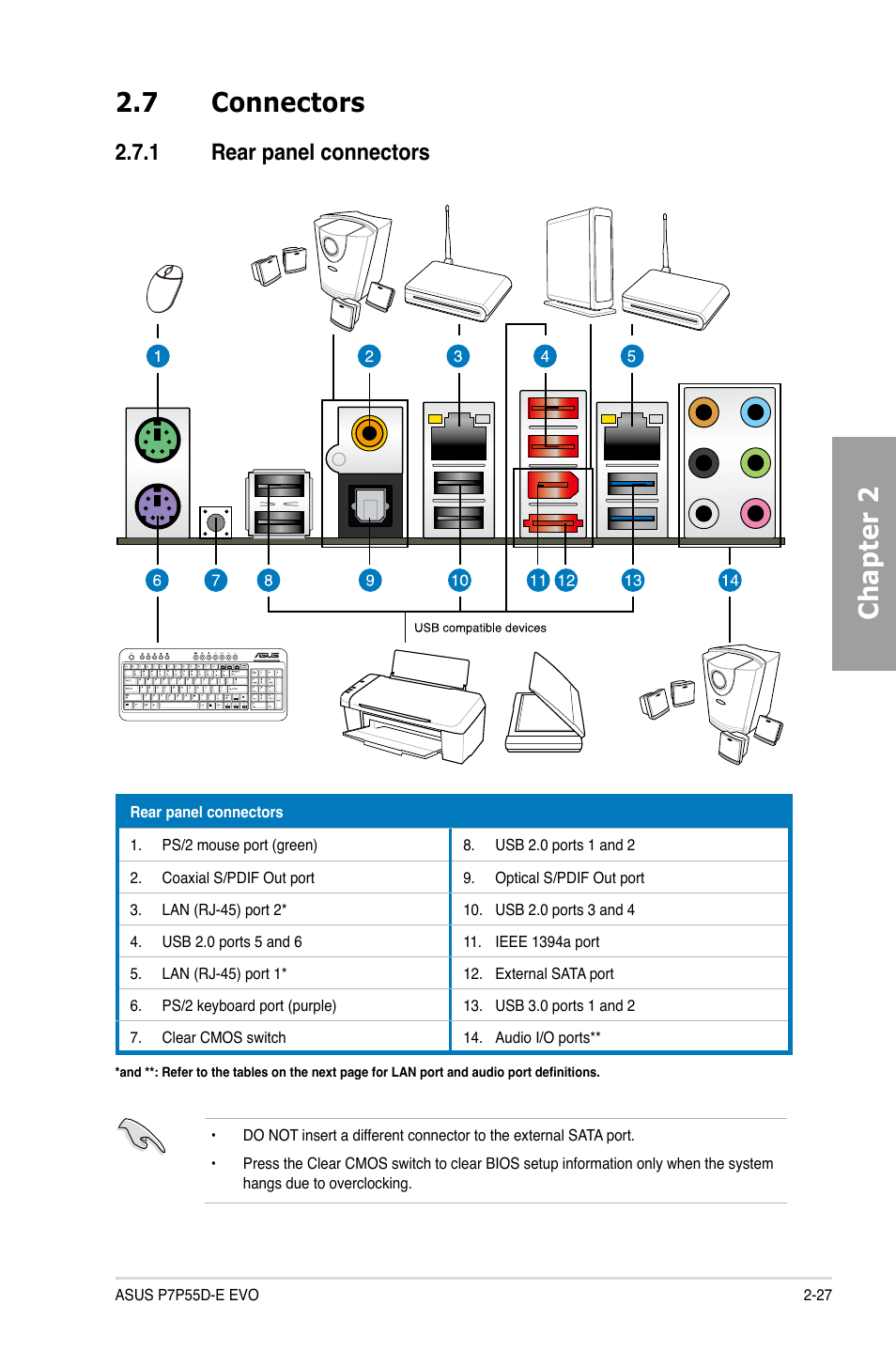 7 connectors, 1 rear panel connectors, Connectors -27 2.7.1 | Rear panel connectors -27, Chapter 2 2.7 connectors | Asus P7P55D-E EVO User Manual | Page 45 / 126