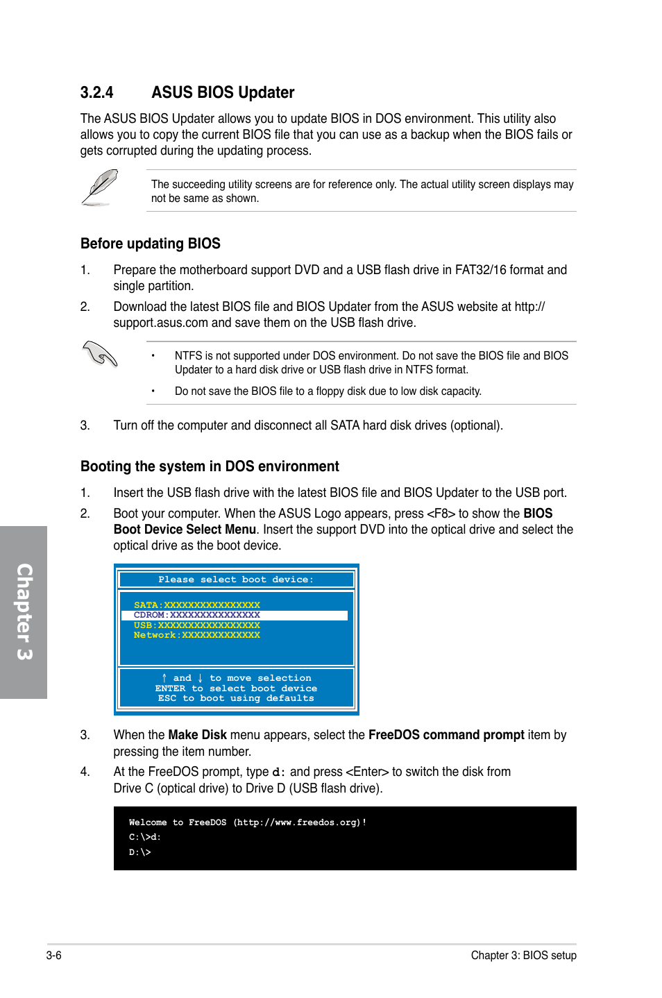 4 asus bios updater, Asus bios updater -6, Chapter 3 | Asus P7P55D-E EVO User Manual | Page 66 / 126