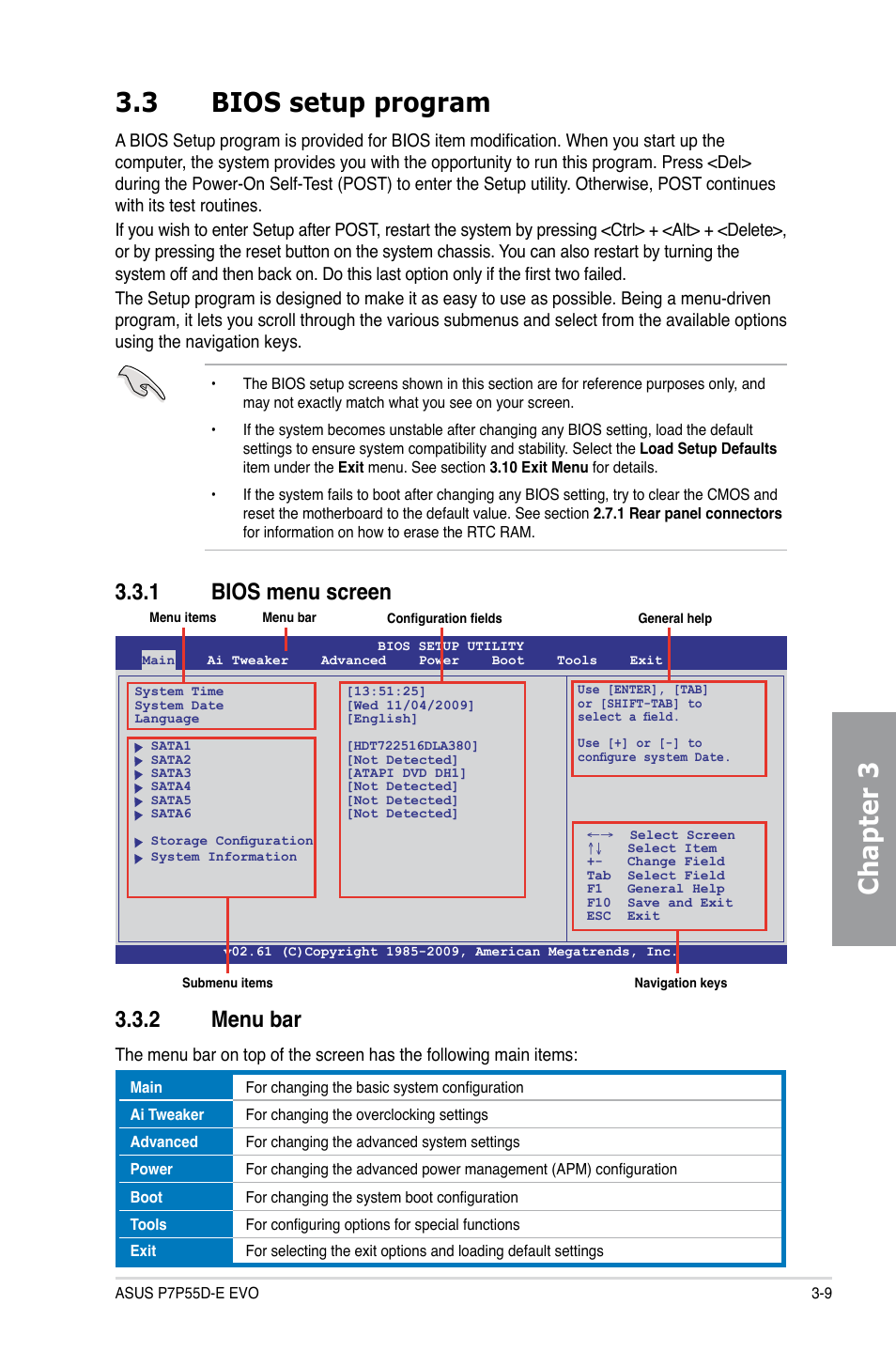 3 bios setup program, 1 bios menu screen, 2 menu bar | Bios setup program -9 3.3.1, Bios menu screen -9, Menu bar -9, Chapter 3 3.3 bios setup program, 1 bios menu screen 3.3.2 menu bar | Asus P7P55D-E EVO User Manual | Page 69 / 126