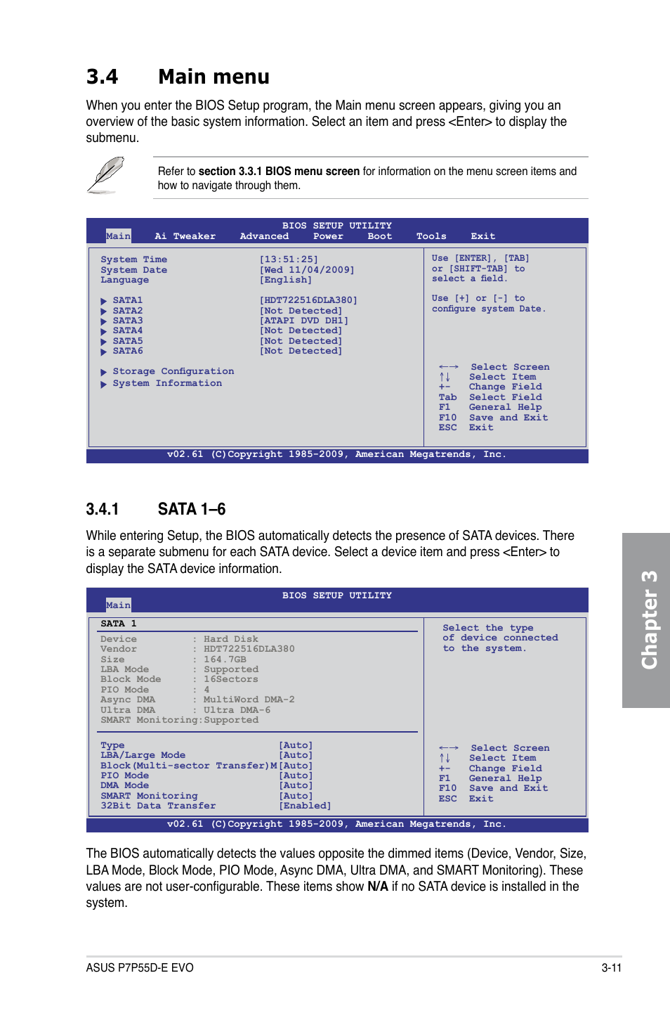 4 main menu, 1 sata 1–6, Main menu -11 3.4.1 | Sata 1–6 -11, Chapter 3 3.4 main menu | Asus P7P55D-E EVO User Manual | Page 71 / 126