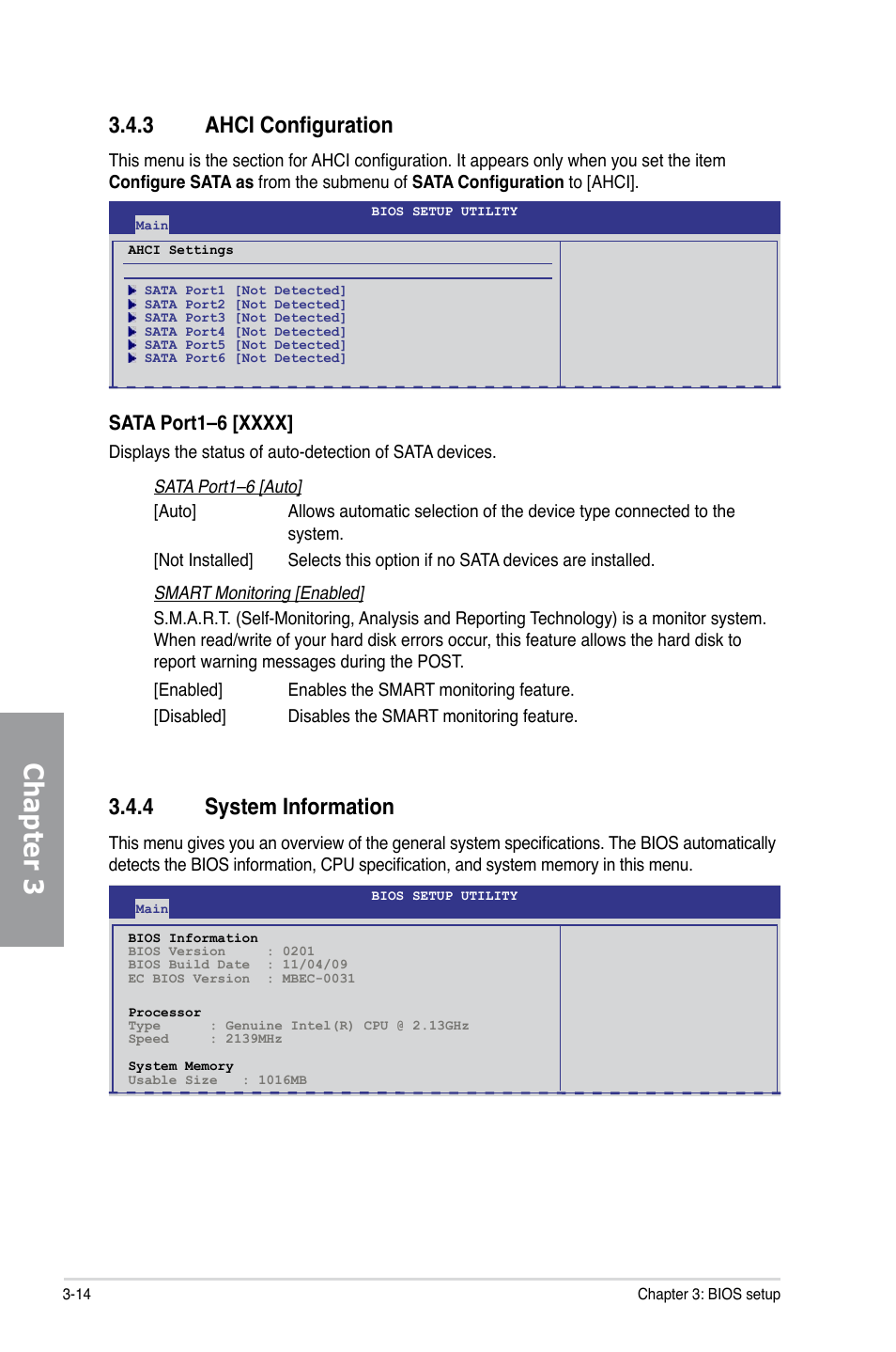 3 ahci configuration, 4 system information, Ahci configuration -14 | System information -14, Chapter 3 | Asus P7P55D-E EVO User Manual | Page 74 / 126