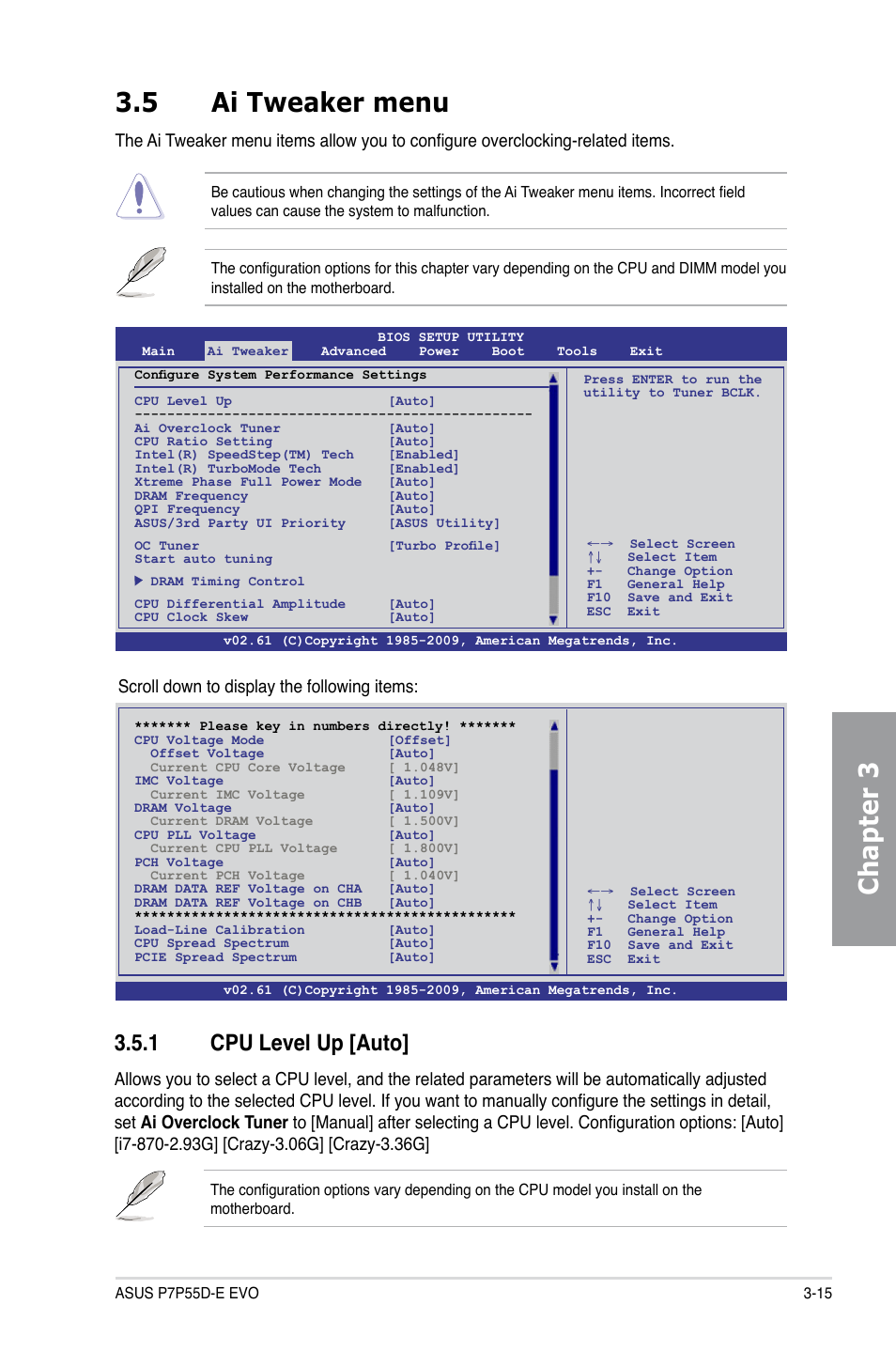 5 ai tweaker menu, 1 cpu level up [auto, Ai tweaker menu -15 3.5.1 | Cpu level up -15, Chapter 3 3.5 ai tweaker menu, Scroll down to display the following items | Asus P7P55D-E EVO User Manual | Page 75 / 126