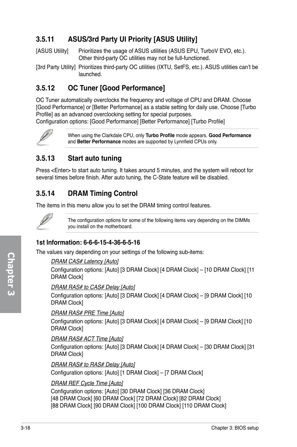 11 asus/3rd party ui priority [asus utility, 12 oc tuner [good performance, 13 start auto tuning | 14 dram timing control, Asus/3rd party ui priority -18, Oc tuner -18, Start auto tuning -18, Dram timing control -18, Chapter 3 | Asus P7P55D-E EVO User Manual | Page 78 / 126