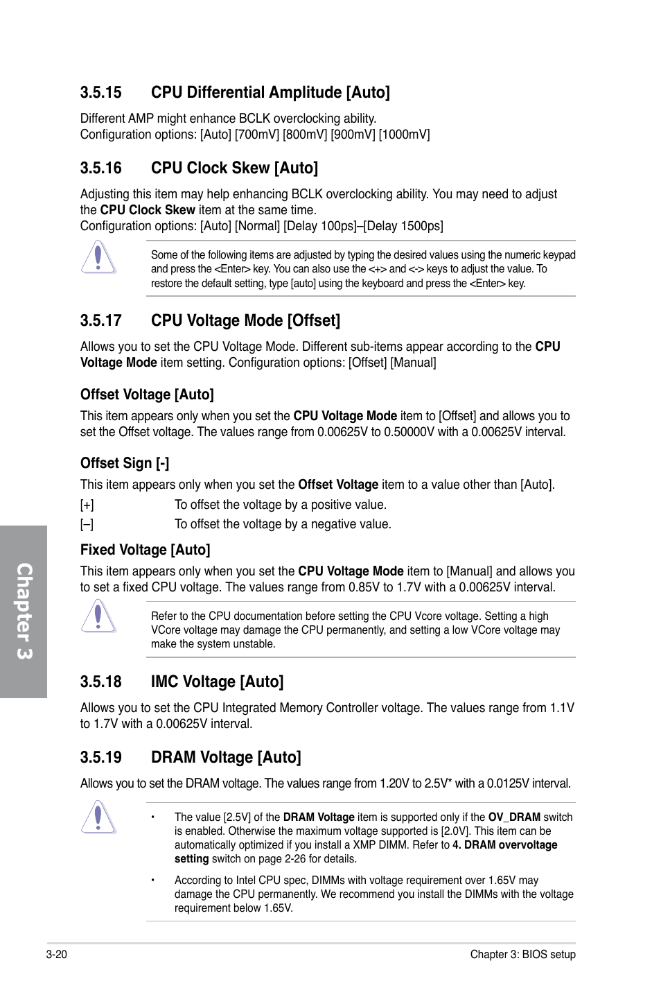 15 cpu differential amplitude [auto, 16 cpu clock skew [auto, 17 cpu voltage mode [offset | 18 imc voltage [auto, 19 dram voltage [auto, Cpu differential amplitude -20, Cpu clock skew -20, Cpu voltage mode -20, Imc voltage -20, Dram voltage -20 | Asus P7P55D-E EVO User Manual | Page 80 / 126