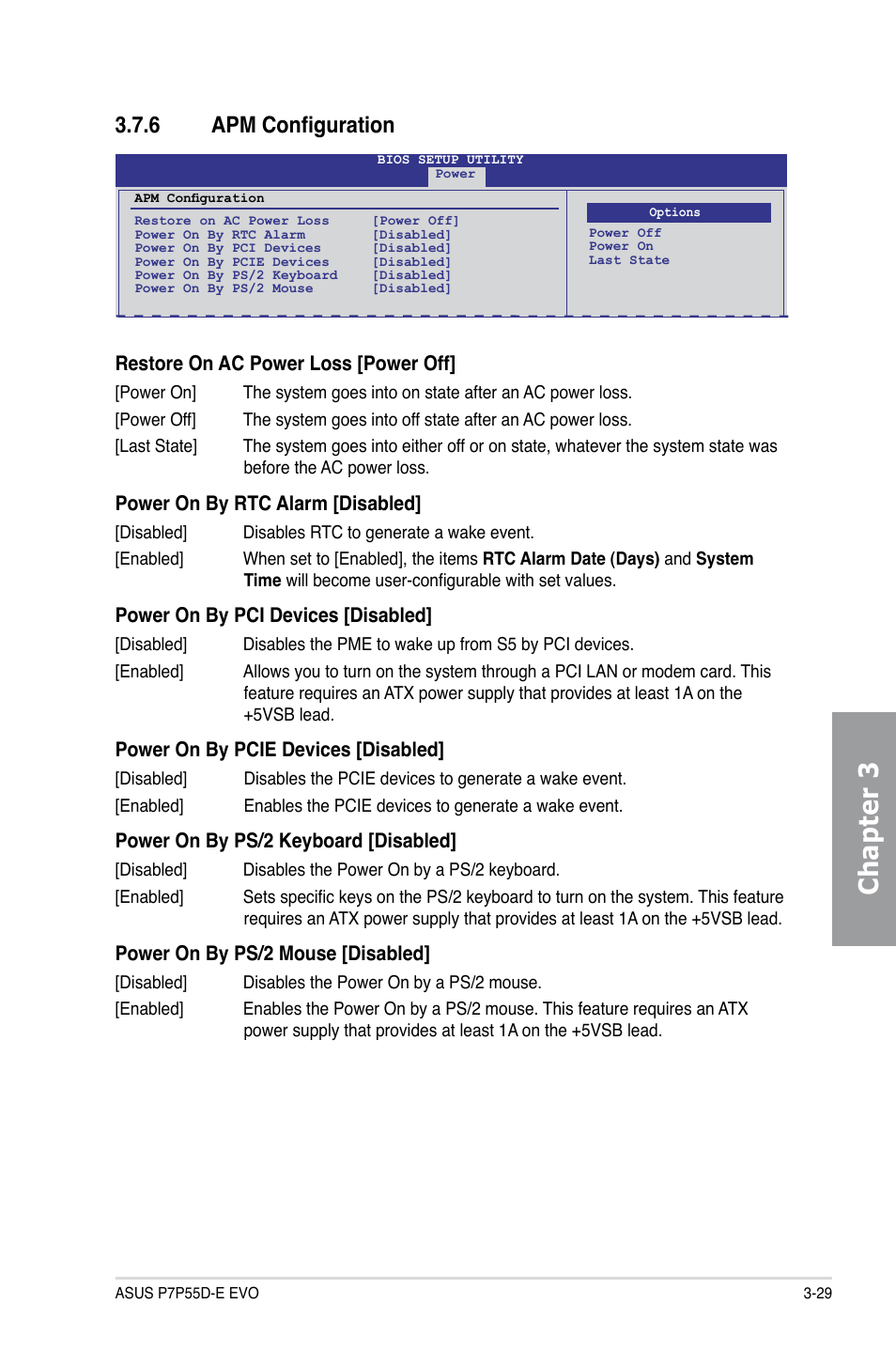 6 apm configuration, Apm configuration -29, Chapter 3 | Asus P7P55D-E EVO User Manual | Page 89 / 126