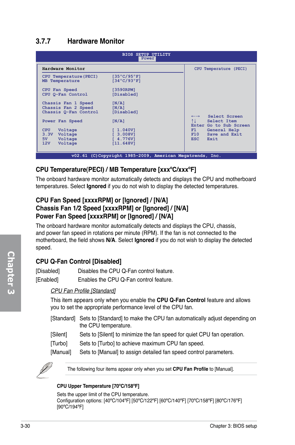 7 hardware monitor, Hardware monitor -30, Chapter 3 | Cpu q-fan control [disabled | Asus P7P55D-E EVO User Manual | Page 90 / 126