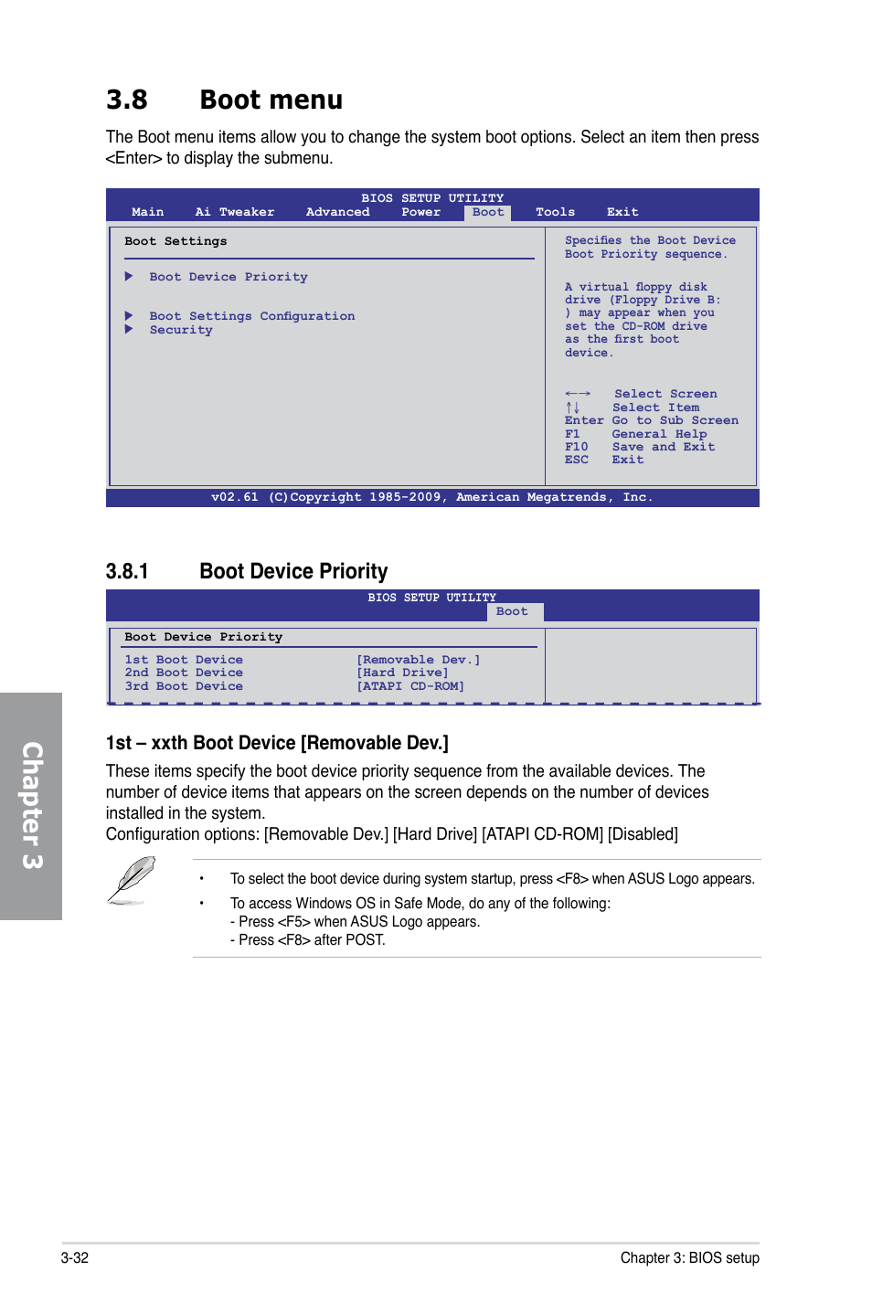 8 boot menu, 1 boot device priority, Boot menu -32 3.8.1 | Boot device priority -32, Chapter 3 3.8 boot menu, 1st – xxth boot device [removable dev | Asus P7P55D-E EVO User Manual | Page 92 / 126