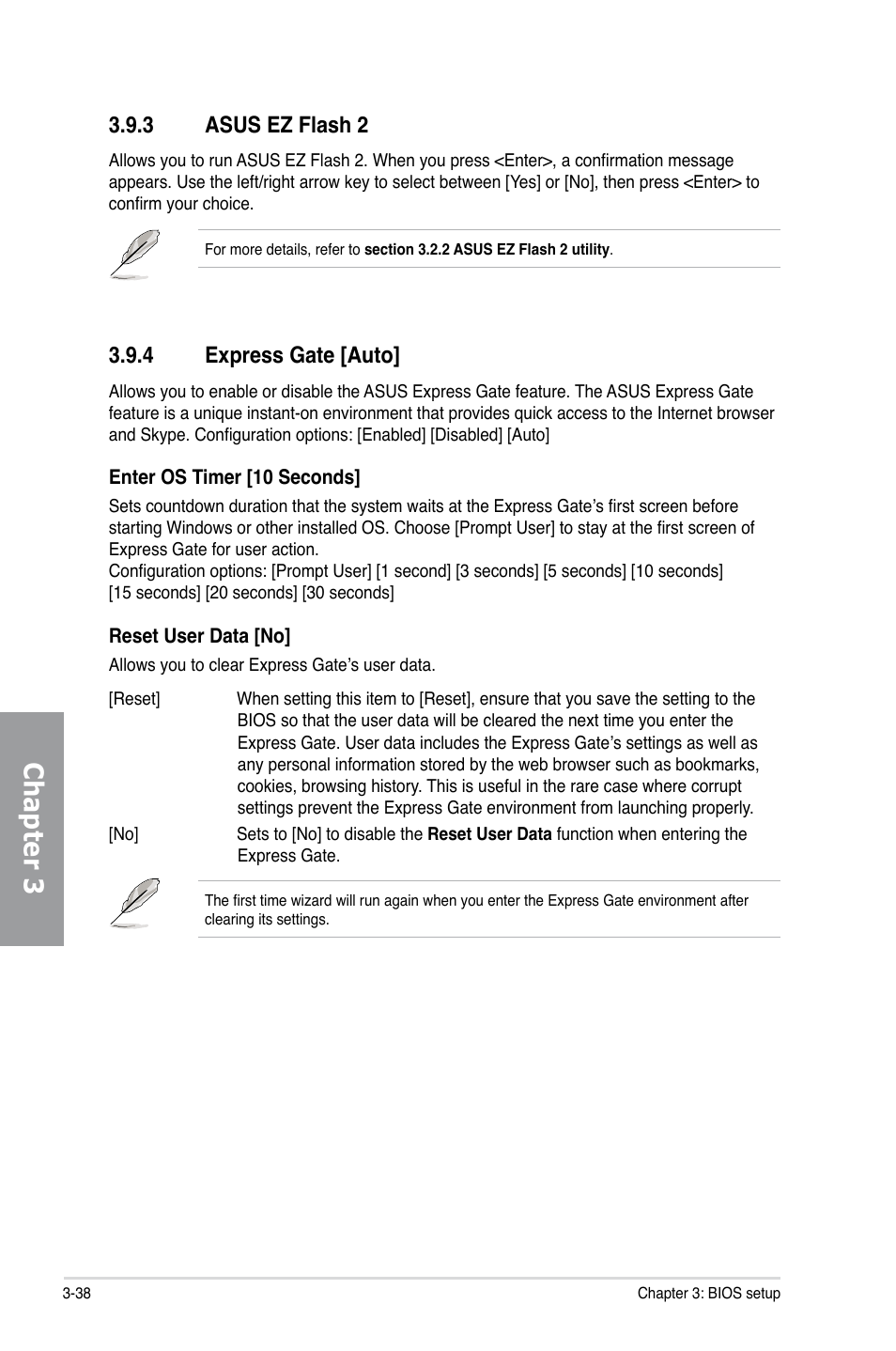 3 asus ez flash 2, 4 express gate [auto, Asus ez flash 2 -38 | Express gate -38, Chapter 3 | Asus P7P55D-E EVO User Manual | Page 98 / 126