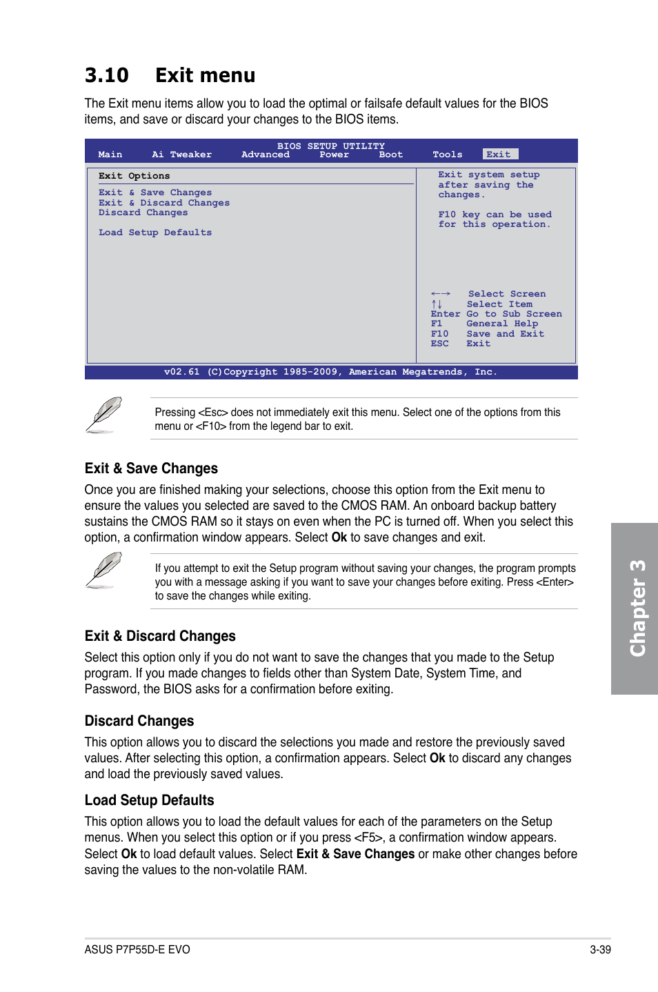 10 exit menu, Exit menu -39, Chapter 3 3.10 exit menu | Exit & save changes, Exit & discard changes, Discard changes, Load setup defaults | Asus P7P55D-E EVO User Manual | Page 99 / 126