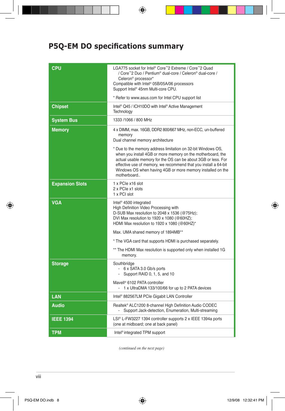 P5q-em do specifications summary | Asus P5Q-EM DO User Manual | Page 10 / 108