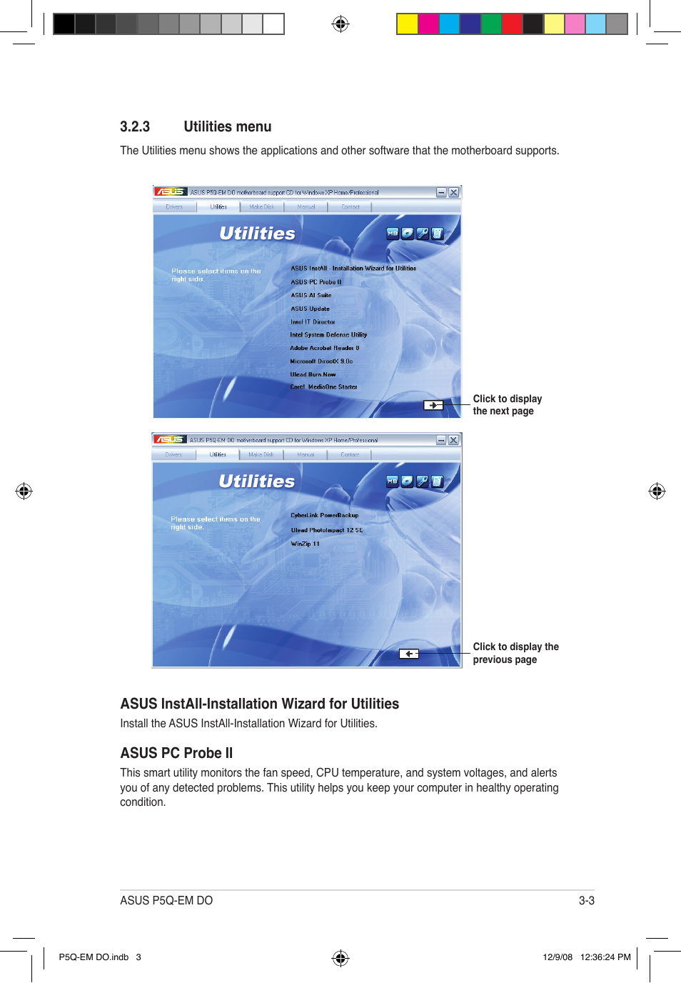 3 utilities menu, Asus install-installation wizard for utilities, Asus pc probe ii | Asus P5Q-EM DO User Manual | Page 101 / 108