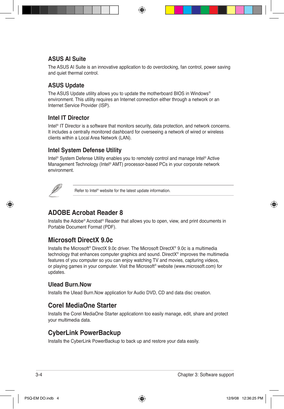 Adobe acrobat reader 8, Microsoft directx 9.0c, Corel mediaone starter | Cyberlink powerbackup, Asus ai suite, Asus update, Intel it director, Intel system defense utility, Ulead burn.now | Asus P5Q-EM DO User Manual | Page 102 / 108