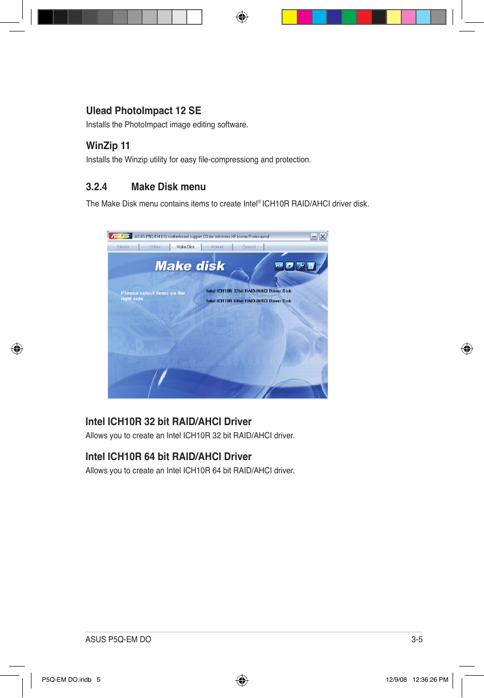 4 make disk menu, Intel ich10r 32 bit raid/ahci driver, Intel ich10r 64 bit raid/ahci driver | Ulead photoimpact 12 se, Winzip 11 | Asus P5Q-EM DO User Manual | Page 103 / 108