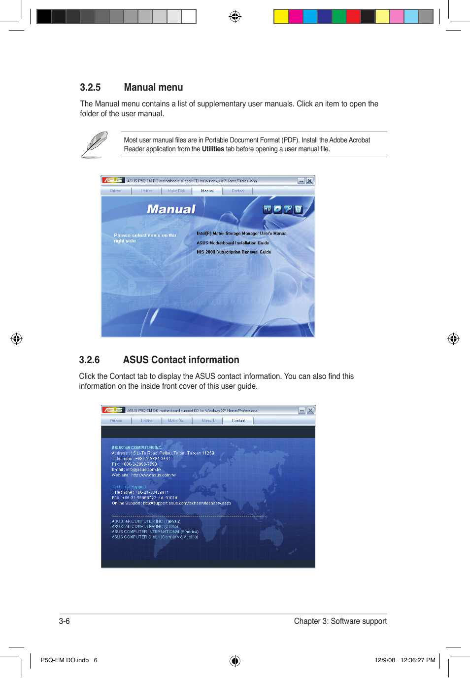 5 manual menu, 6 asus contact information | Asus P5Q-EM DO User Manual | Page 104 / 108