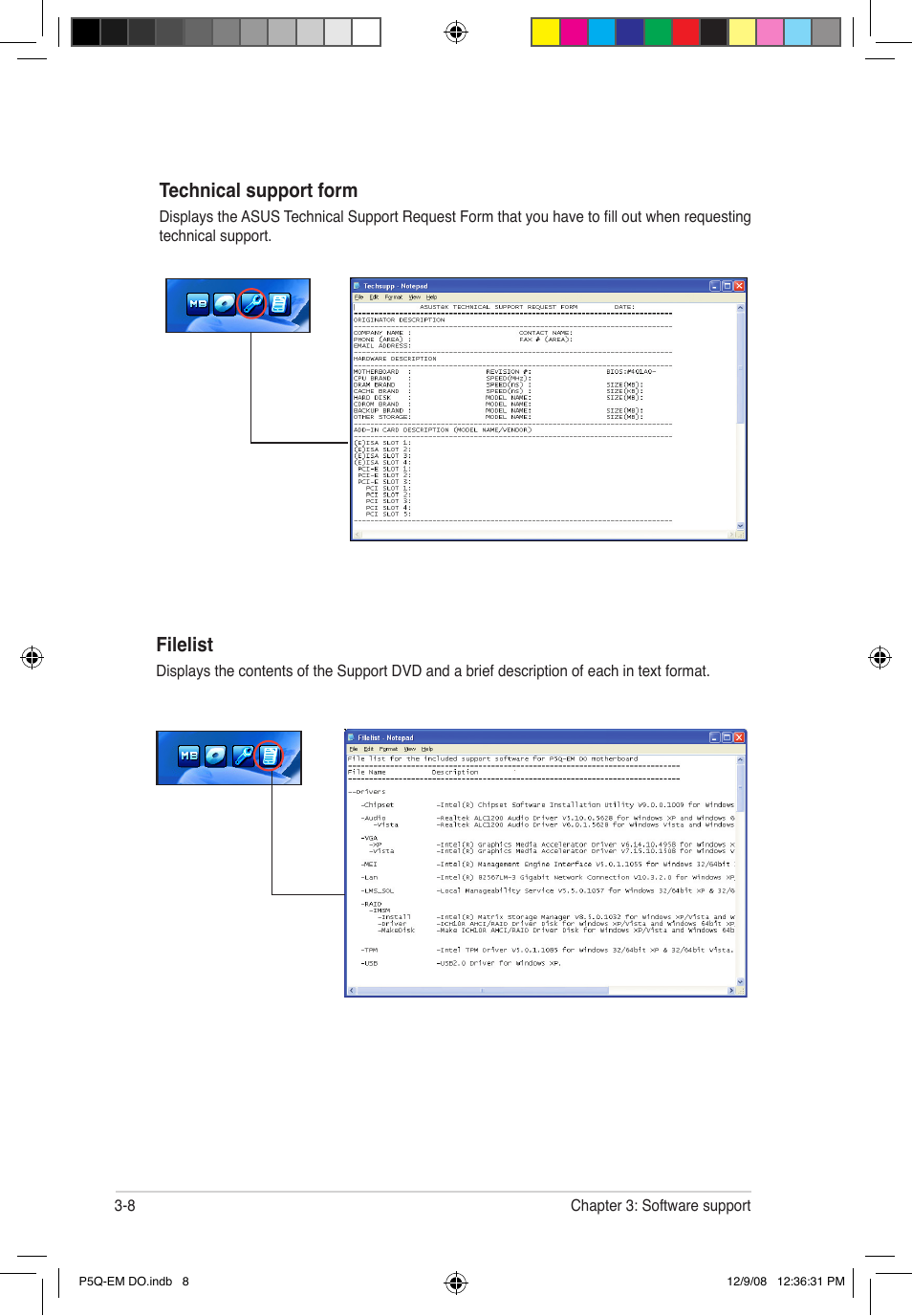 Filelist, Technical support form | Asus P5Q-EM DO User Manual | Page 106 / 108