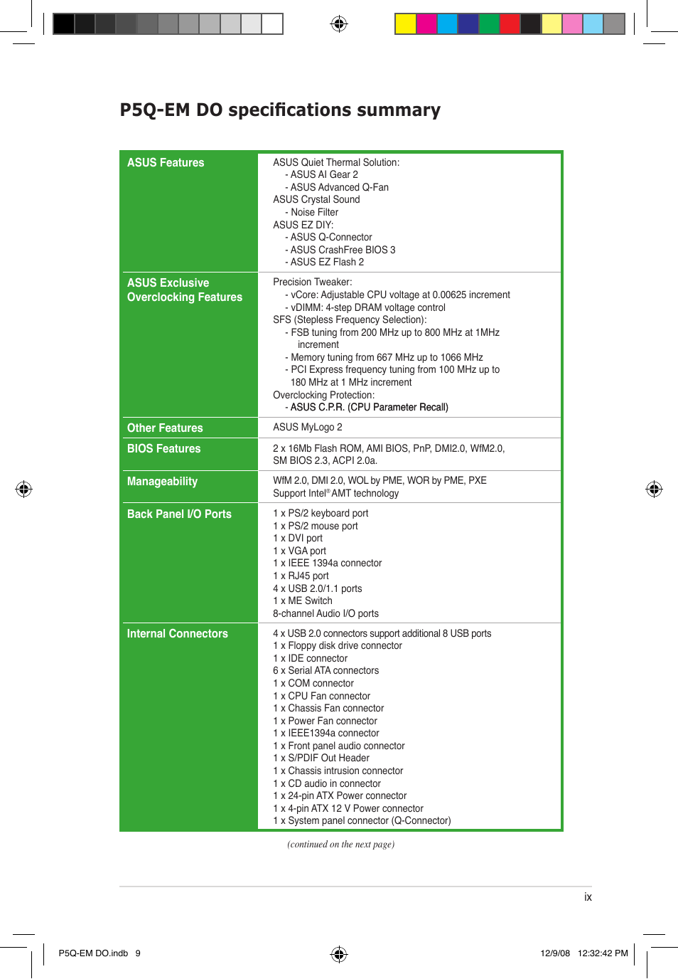 P5q-em do specifications summary | Asus P5Q-EM DO User Manual | Page 11 / 108