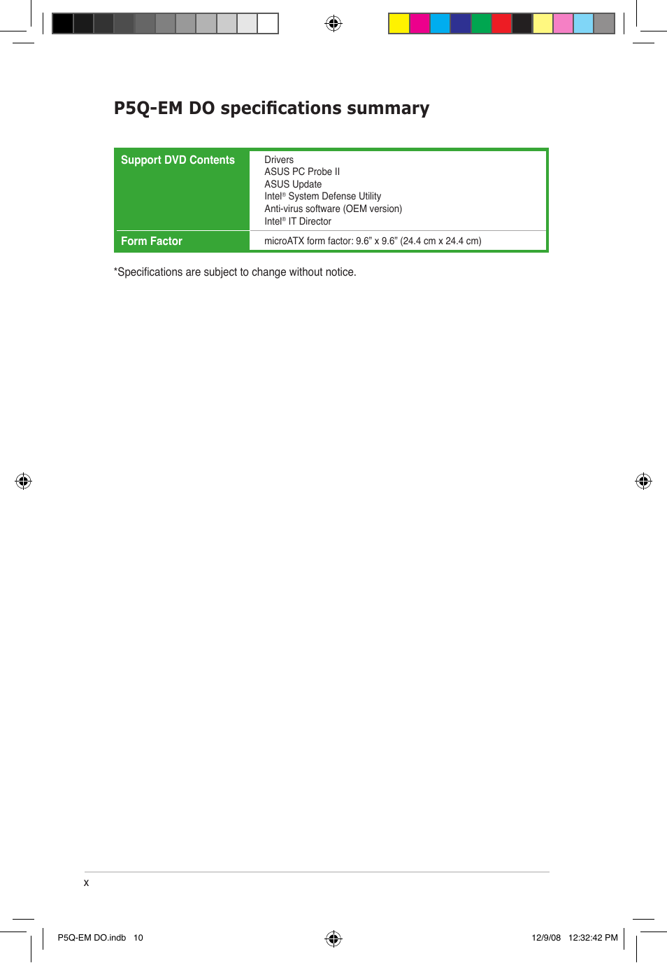 P5q-em do specifications summary | Asus P5Q-EM DO User Manual | Page 12 / 108