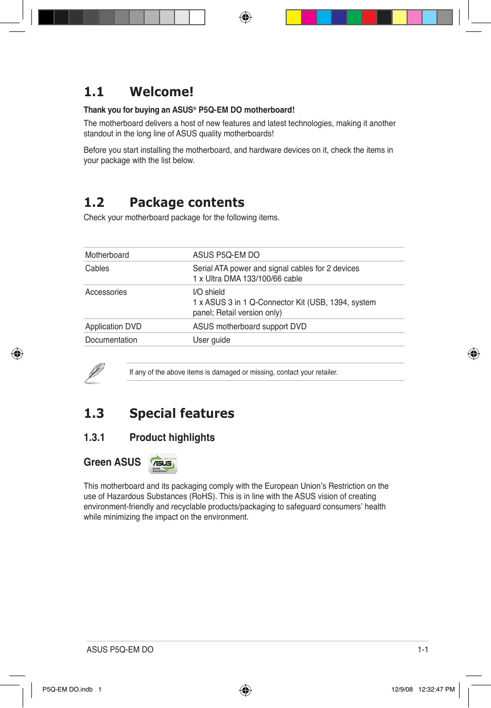 1 welcome, 2 package contents, 3 special features | Asus P5Q-EM DO User Manual | Page 15 / 108