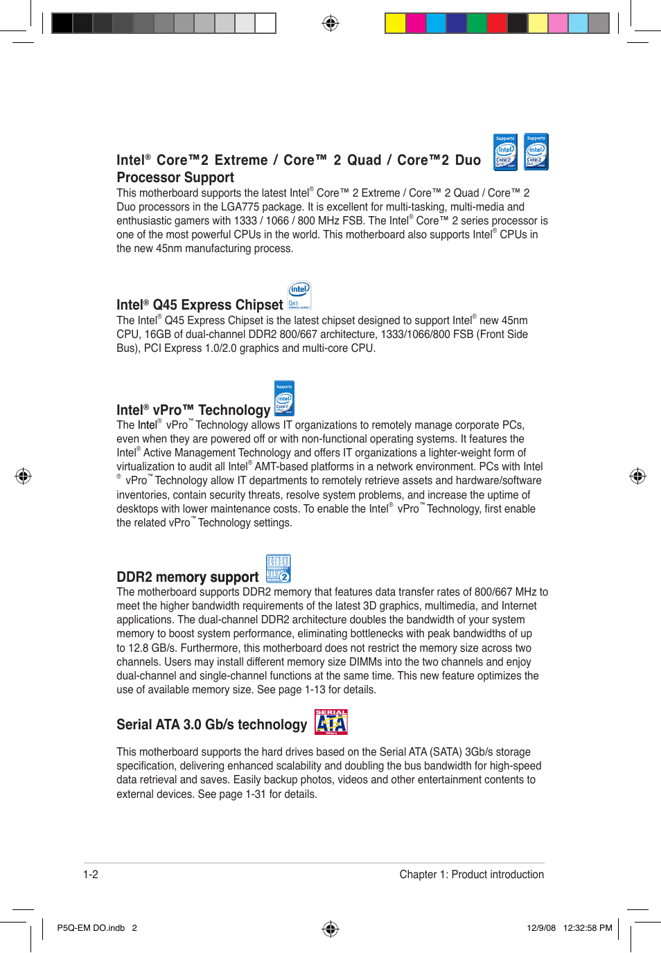 Intel, Q45 express chipset, Vpro™ technology | Serial ata 3.0 gb/s technology | Asus P5Q-EM DO User Manual | Page 16 / 108