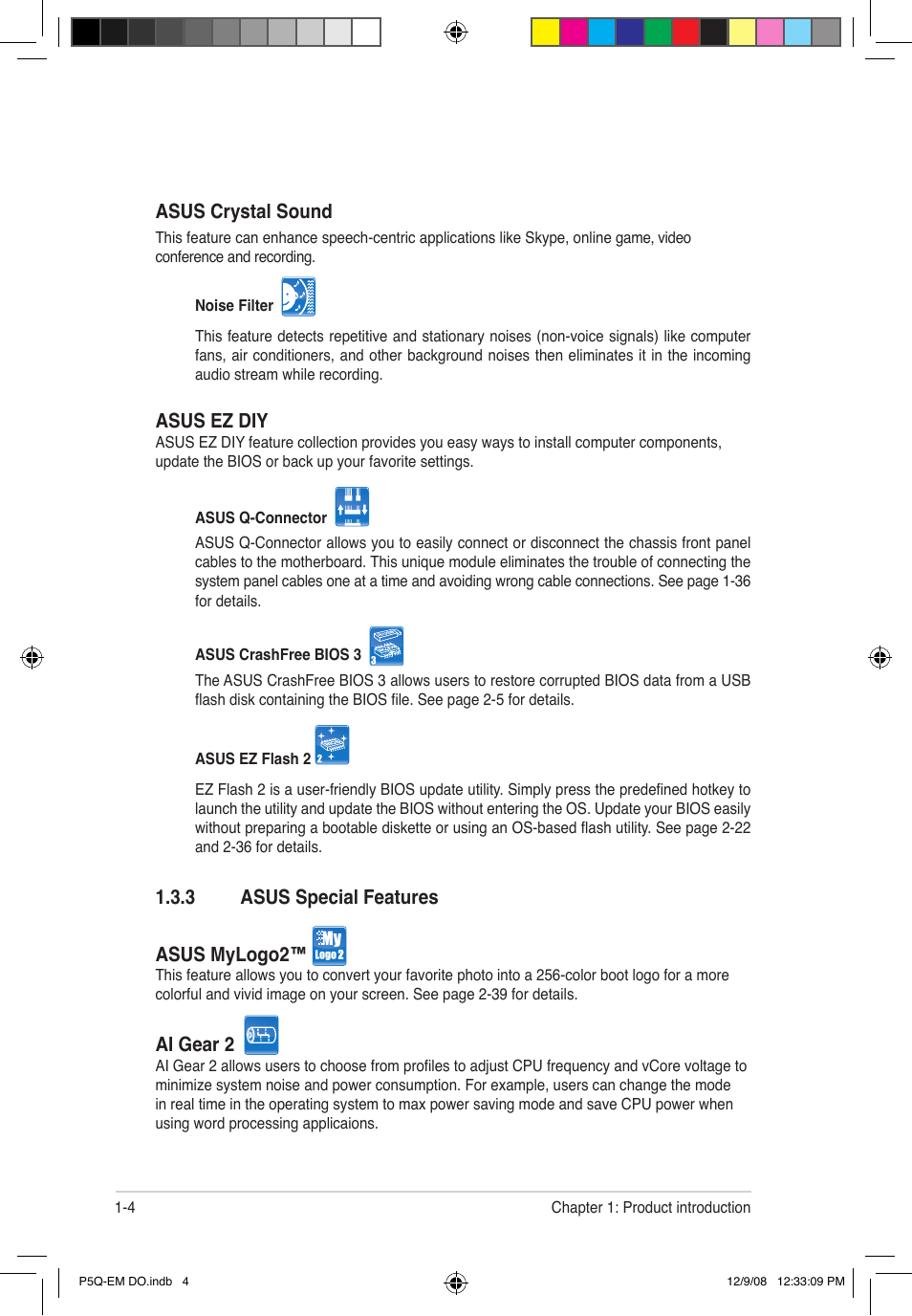 Asus ez diy, 3 asus special features asus mylogo2, Ai gear 2 | Asus crystal sound | Asus P5Q-EM DO User Manual | Page 18 / 108