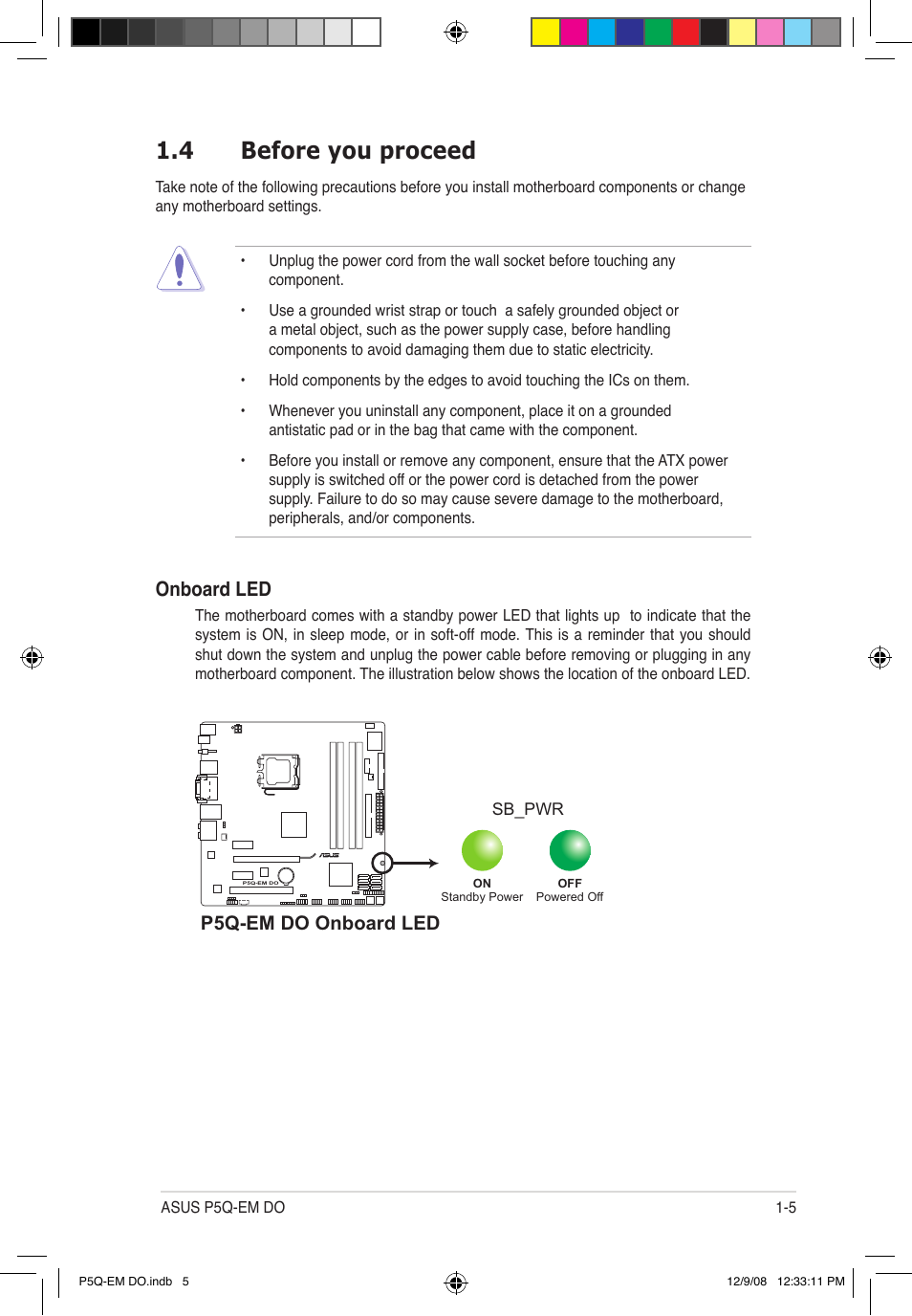 4 before you proceed, Onboard led, P5q-em do onboard led | Asus P5Q-EM DO User Manual | Page 19 / 108