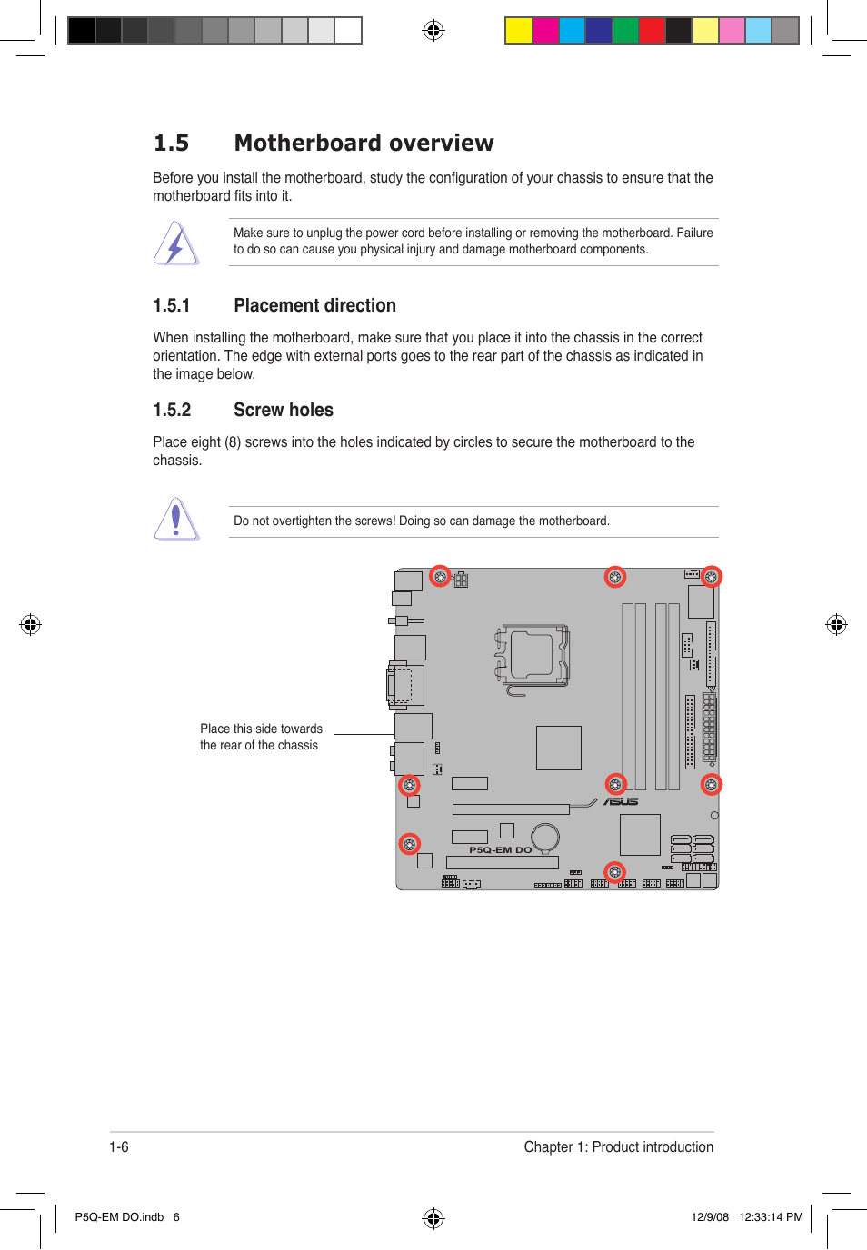 5 motherboard overview, 1 placement direction, 2 screw holes | Asus P5Q-EM DO User Manual | Page 20 / 108