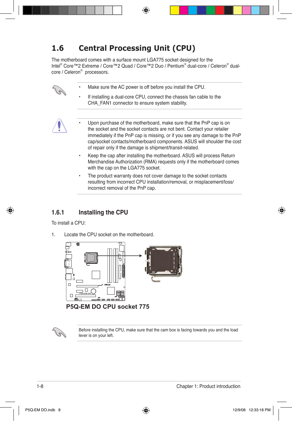 6 central processing unit (cpu), 1 installing the cpu, P5q-em do cpu socket 775 | Asus P5Q-EM DO User Manual | Page 22 / 108