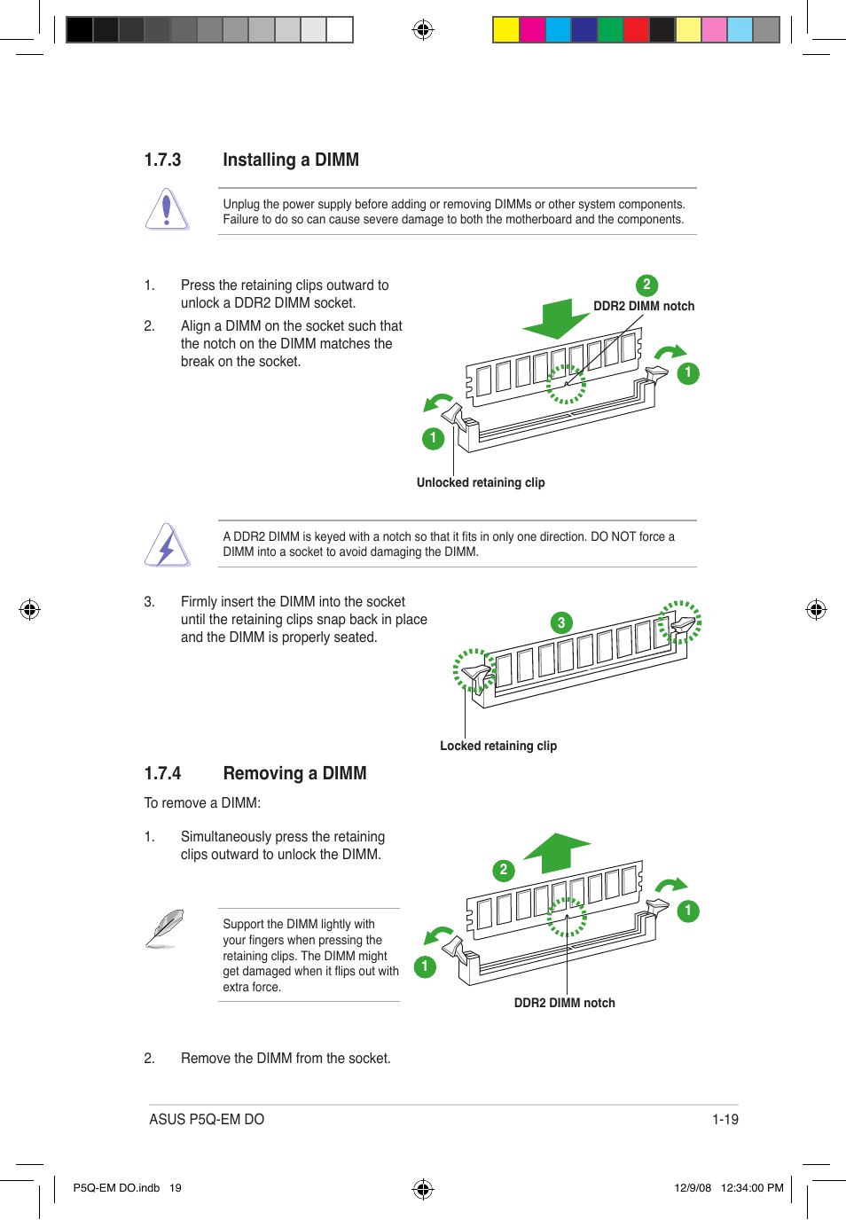 3 installing a dimm, 4 removing a dimm | Asus P5Q-EM DO User Manual | Page 33 / 108