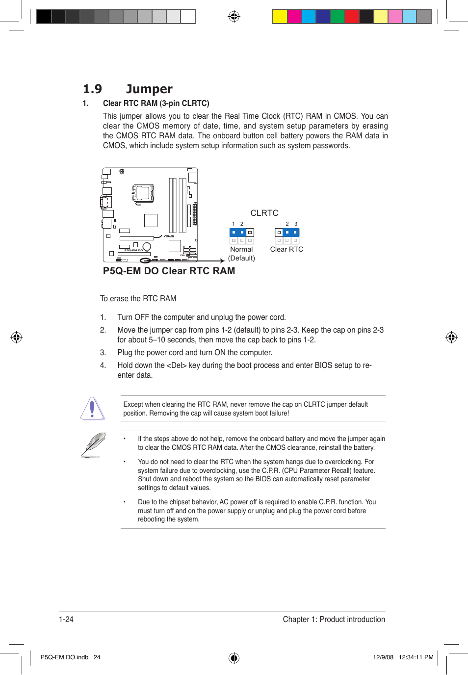 9 jumper, P5q-em do clear rtc ram | Asus P5Q-EM DO User Manual | Page 38 / 108