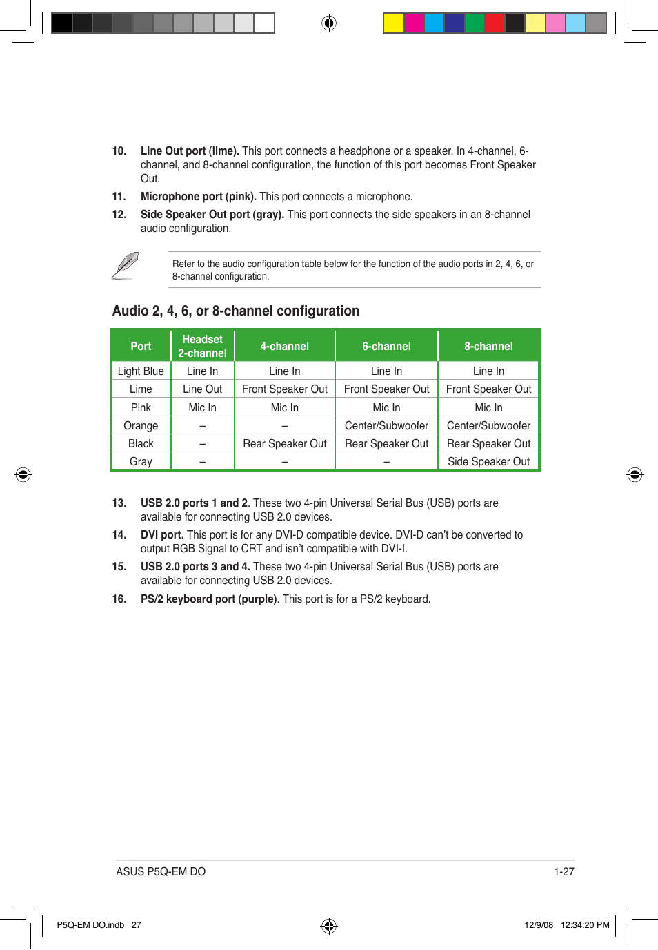 Audio 2, 4, 6, or 8-channel configuration | Asus P5Q-EM DO User Manual | Page 41 / 108