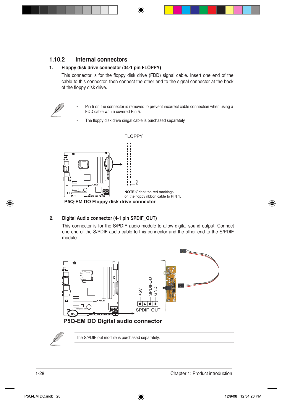 2 internal connectors, P5q-em do digital audio connector | Asus P5Q-EM DO User Manual | Page 42 / 108